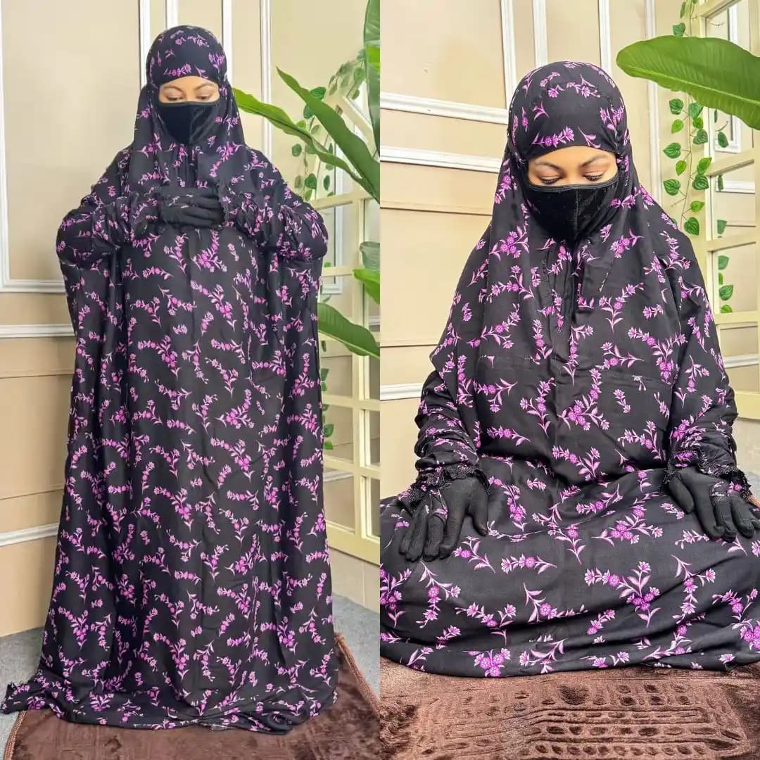 Salat long khimar in black and purple floral print, modest and comfortable prayer wear for women
