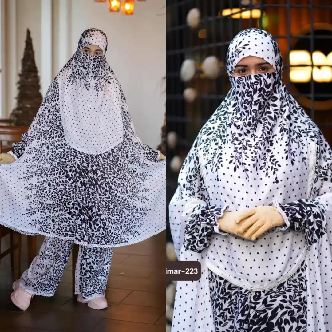 Plazu khimar in white and black leaf print, elegant and comfortable modest wear for women