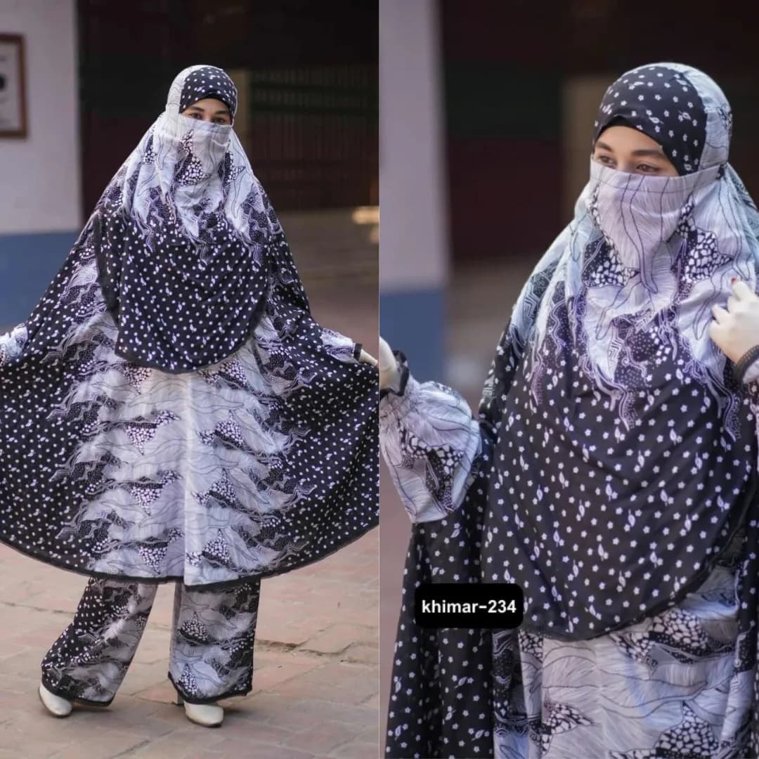 Plazu khimar in black and white abstract and polka dot print, full coverage modest wear for women