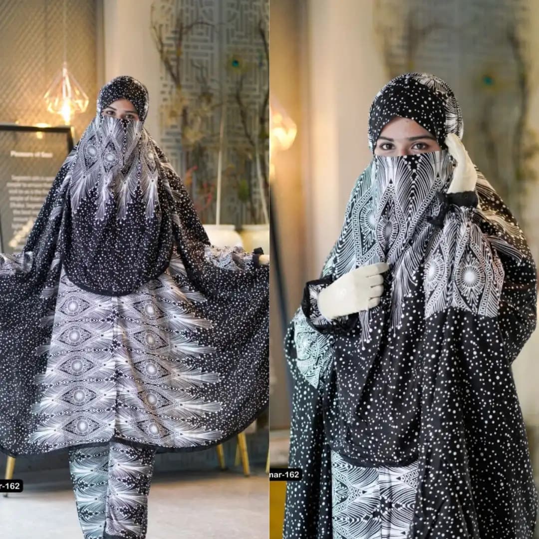Plazu khimar in black and white geometric and polka dot print, elegant full coverage modest wear set for women