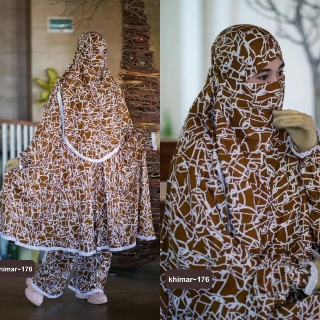 Plazu khimar set in camel brown with white abstract line print, modest full coverage Islamic wear for women