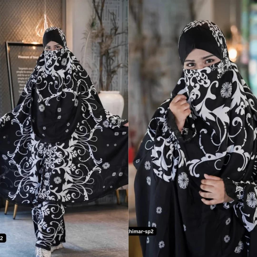 Black and white elegant floral print plazu khimar set with matching palazzo pants and full coverage modest wear design.