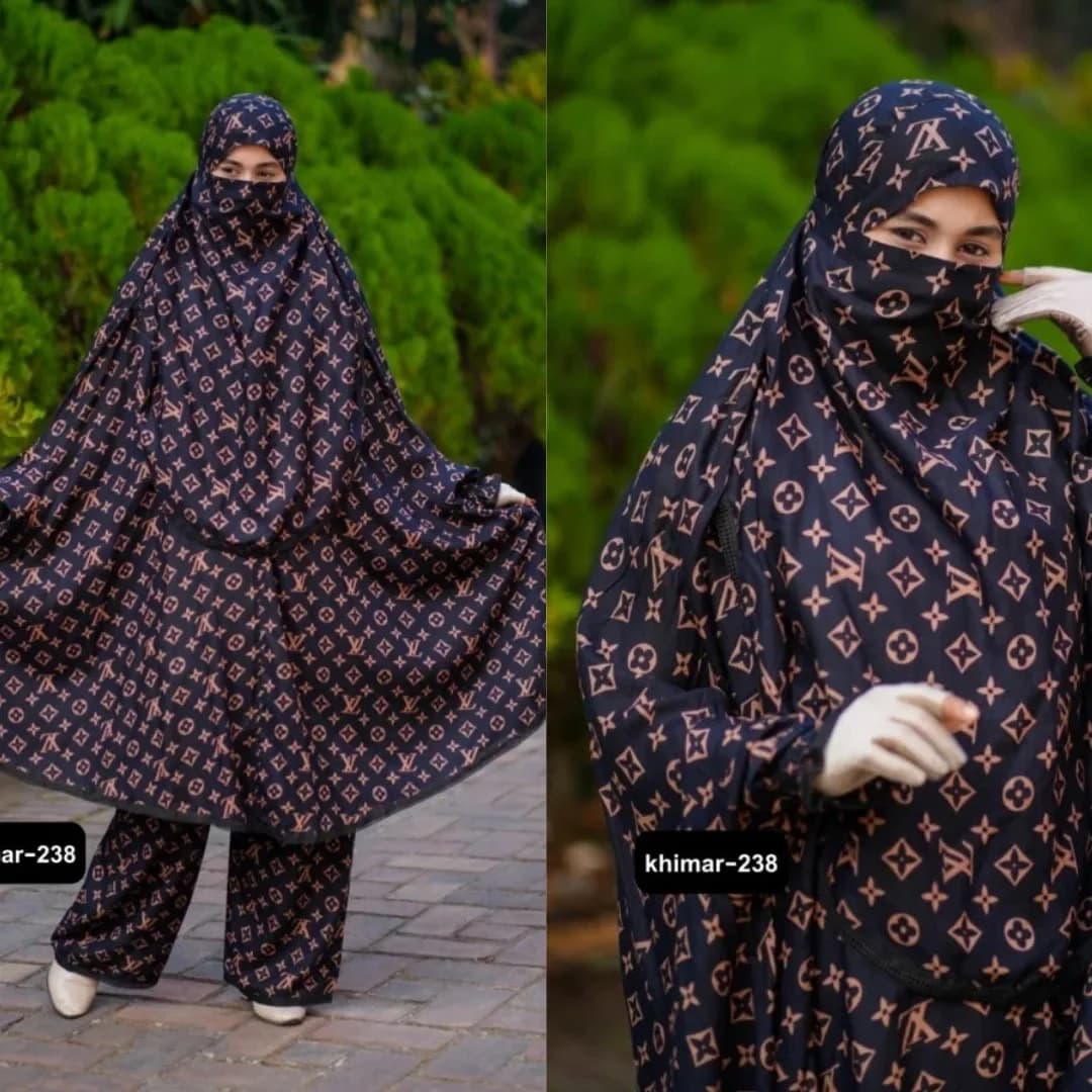 Navy blue and brown monogram print plazu khimar set with matching palazzo pants, full coverage modest wear outfit.