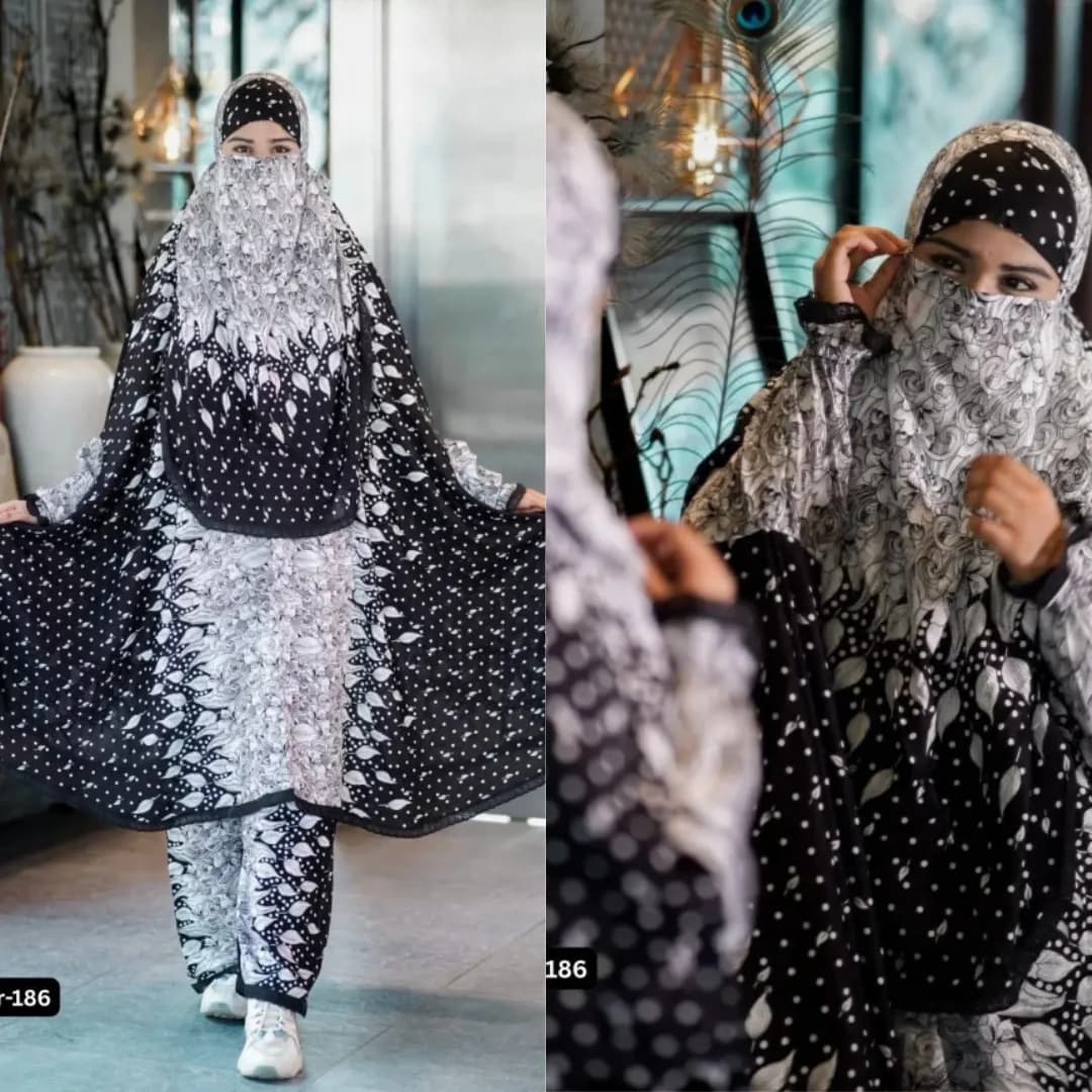 Black and white printed khimar plazo set for women, full coverage modest Islamic outfit
