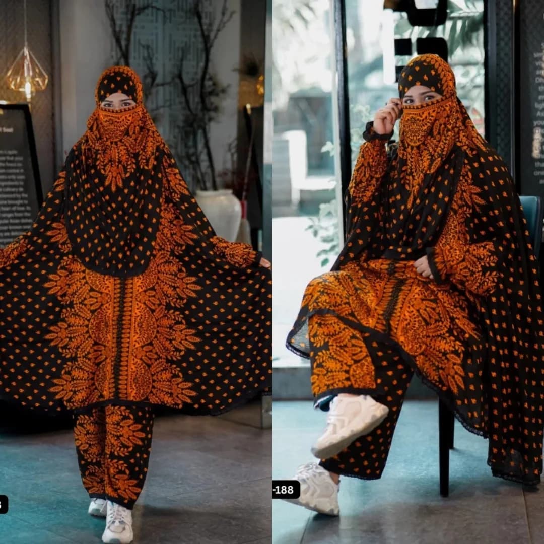 Black and orange floral printed khimar plazo set for women, full coverage modest Islamic wear Bangladesh