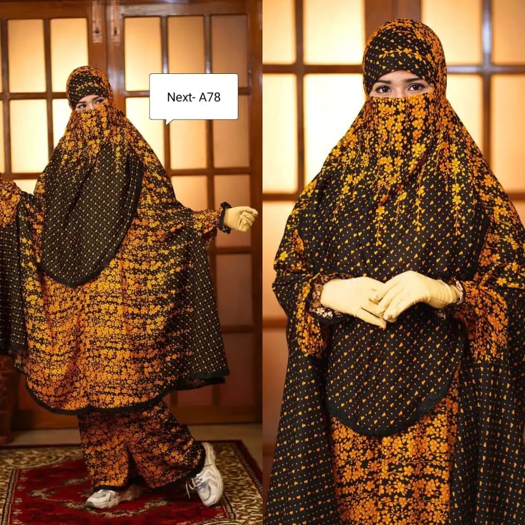 Black and yellow floral printed khimar plazo set for women, full coverage modest Islamic outfit Bangladesh