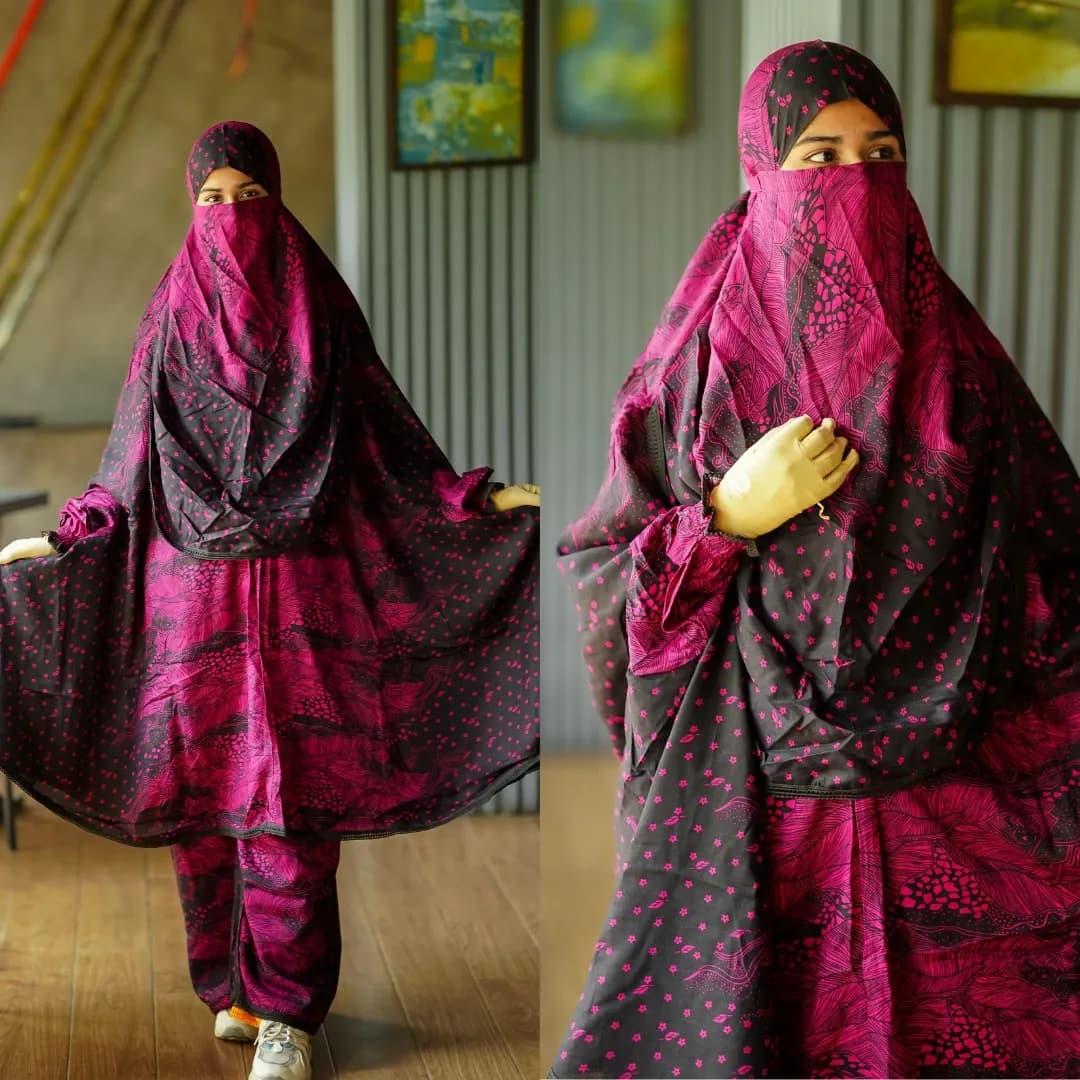 Magenta and black printed khimar plazo set for women, full coverage modest Islamic outfit Bangladesh