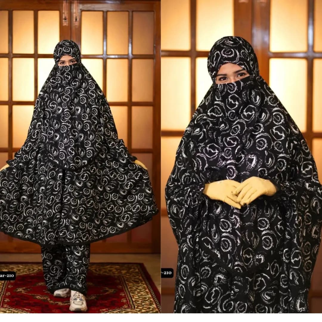 Black and white abstract printed khimar plazo set for women, full coverage modest Islamic outfit Bangladesh