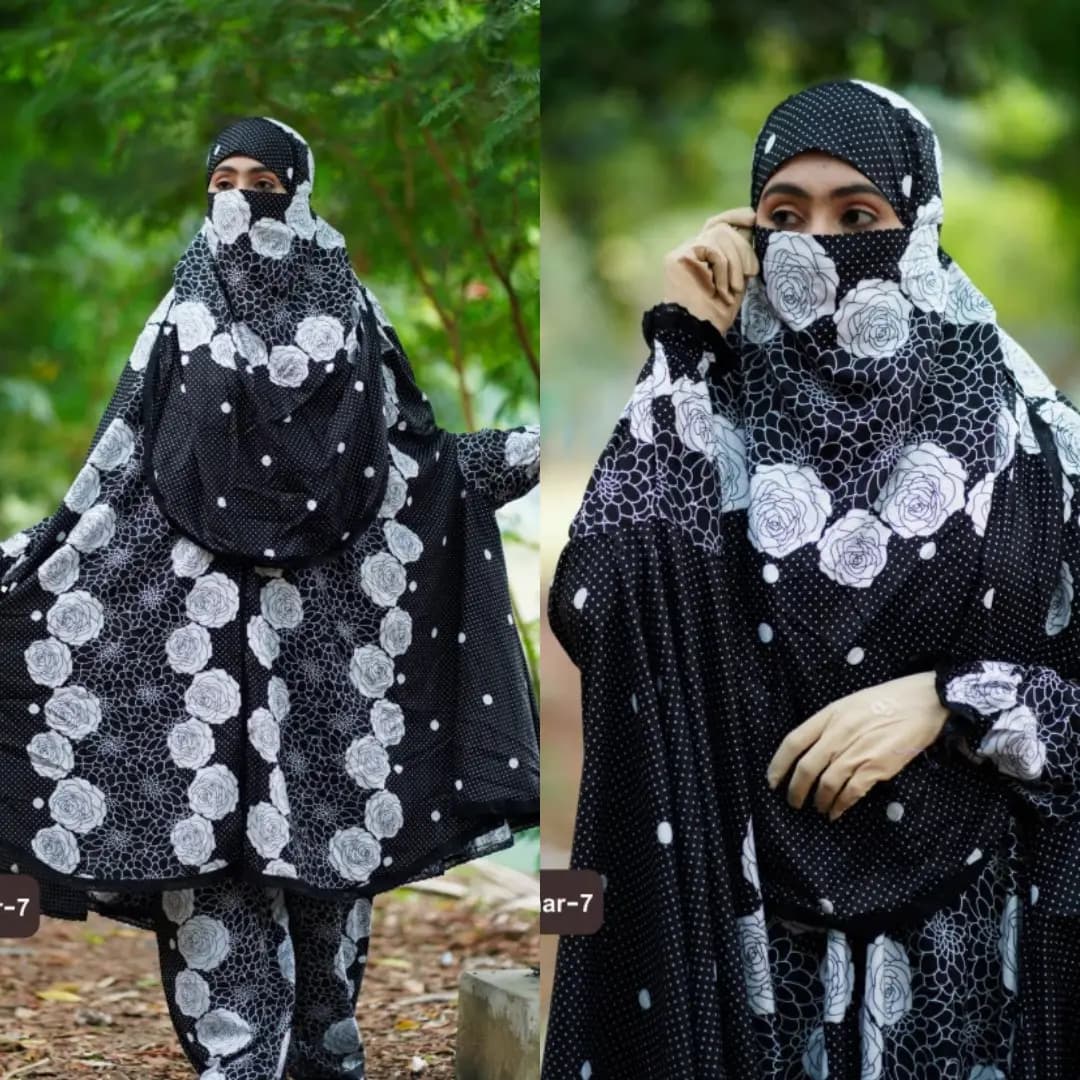 Black and white rose printed khimar plazo set for women, full coverage modest Islamic outfit Bangladesh