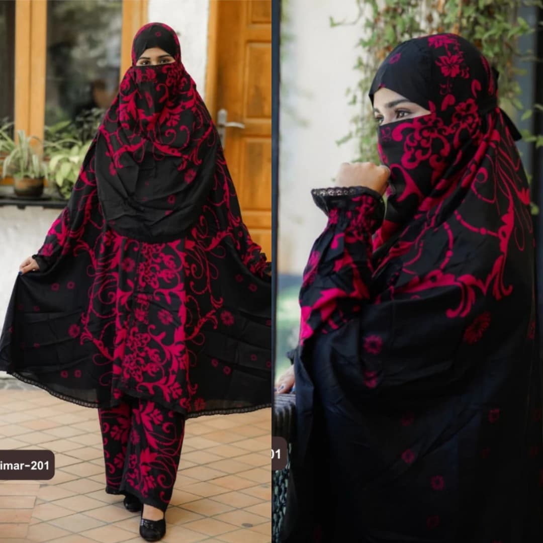 black red floral design plazu khimar set for muslim women modest islamic outfit