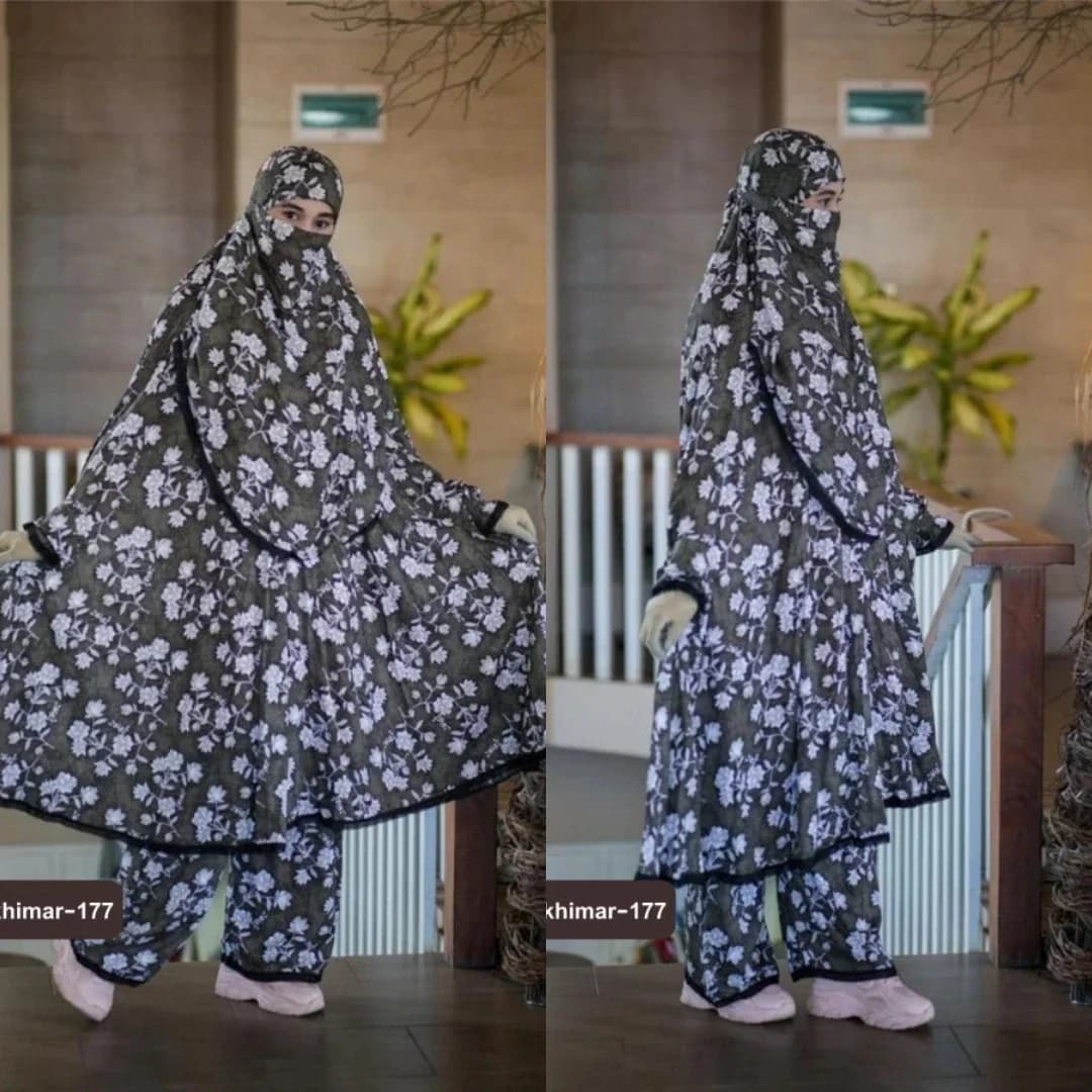 Olive green and white floral print plazu khimar set with matching palazzo pants, full coverage modest Islamic outfit for women.