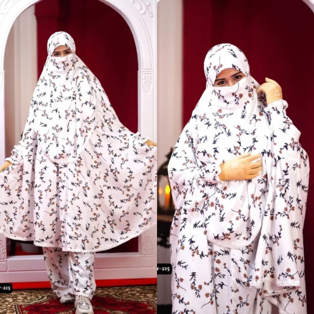 Off white mini floral print plazu khimar set with matching palazzo pants, modest full coverage Islamic outfit for women.