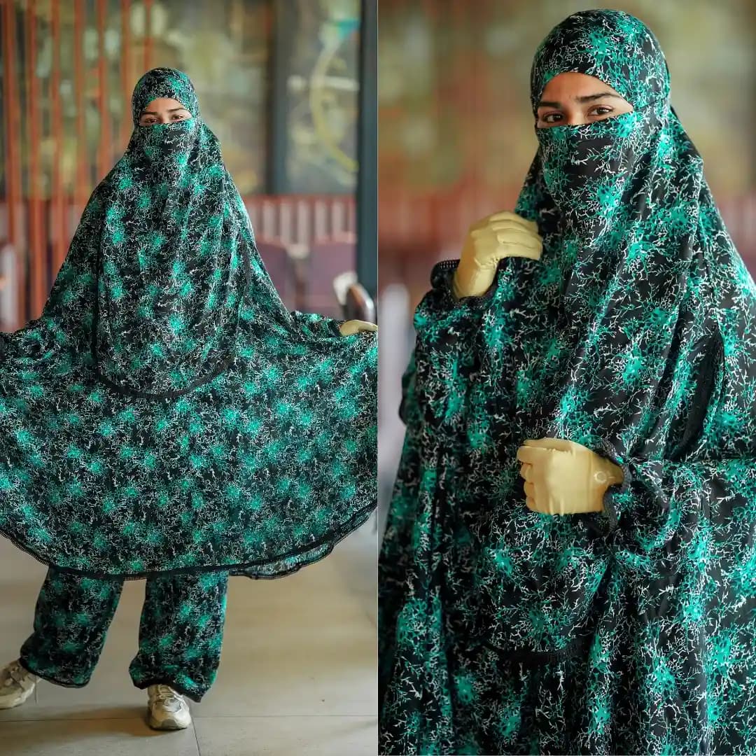 Green and black printed khimar plazo set for women, full coverage modest Islamic outfit Bangladesh