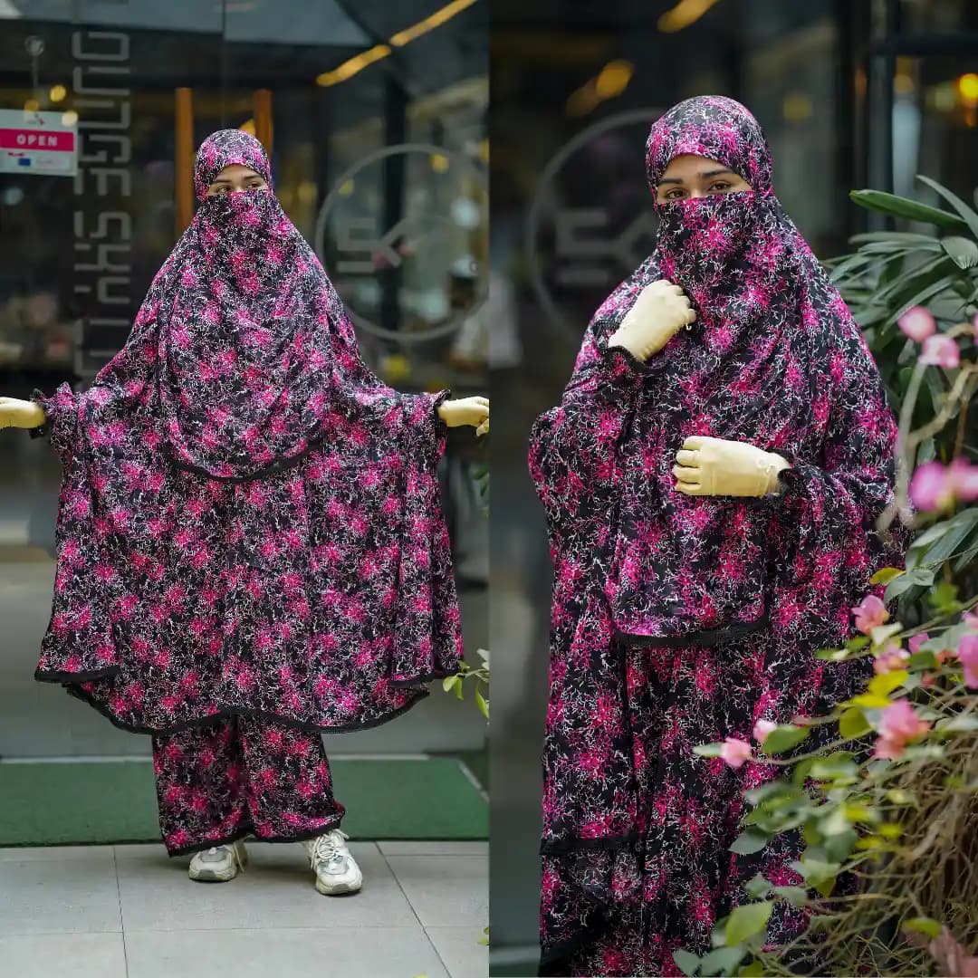 Pink and black floral printed khimar plazo set for women, full coverage modest Islamic outfit Bangladesh