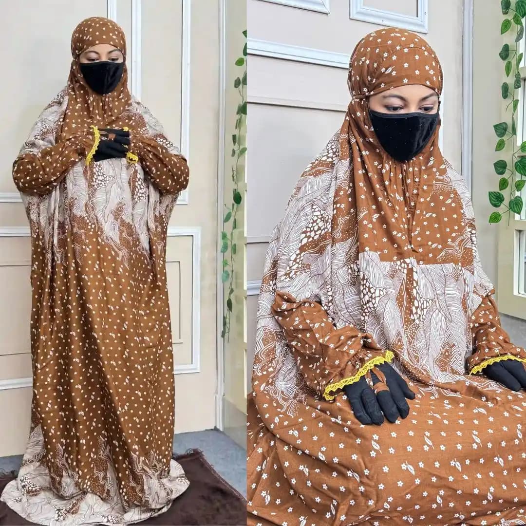 Salat long khimar in elegant chocolate brown and white printed design for modest prayer wear