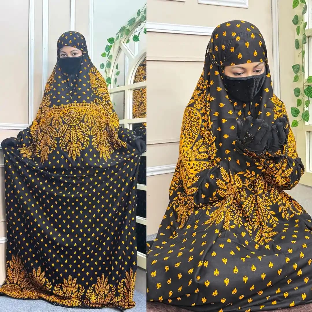 Salat long khimar in black and mustard yellow print, modest and comfortable prayer wear for women