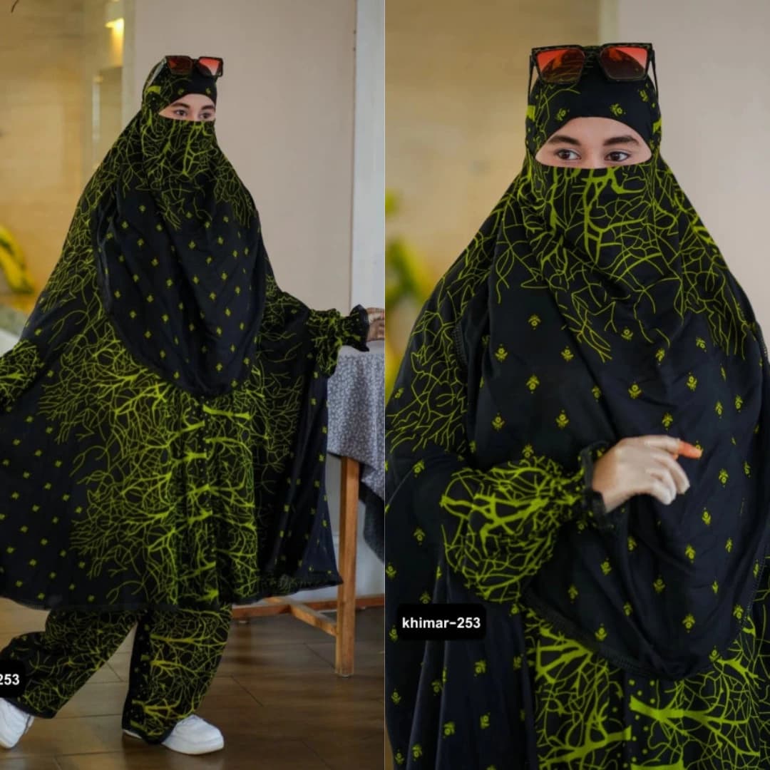 Plazu khimar in black and olive green abstract print, stylish and comfortable modest wear for women