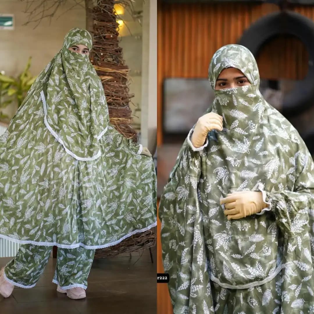Plazu khimar in olive green and white leaf print, stylish and comfortable modest wear for women