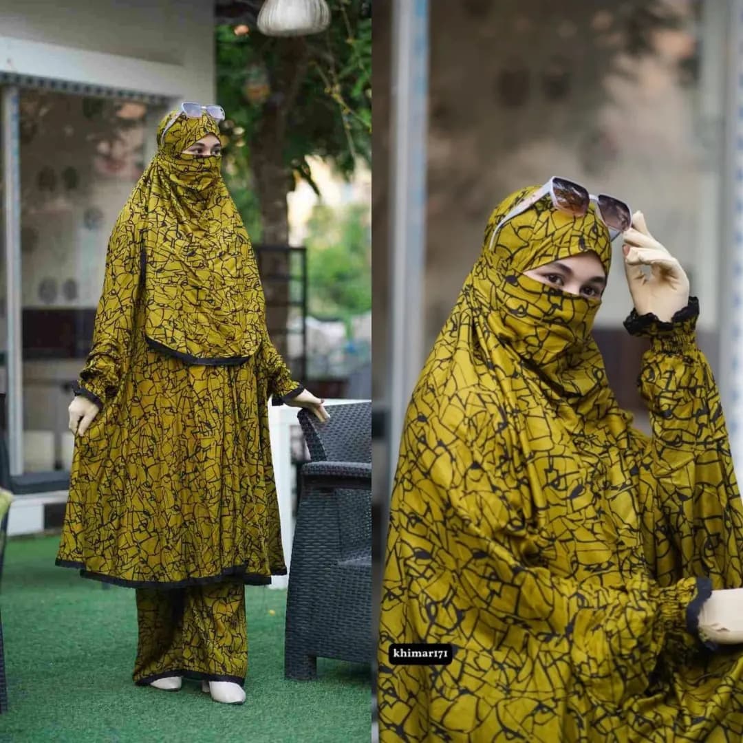 Plazu khimar in mustard olive abstract print, full coverage modest wear set for women