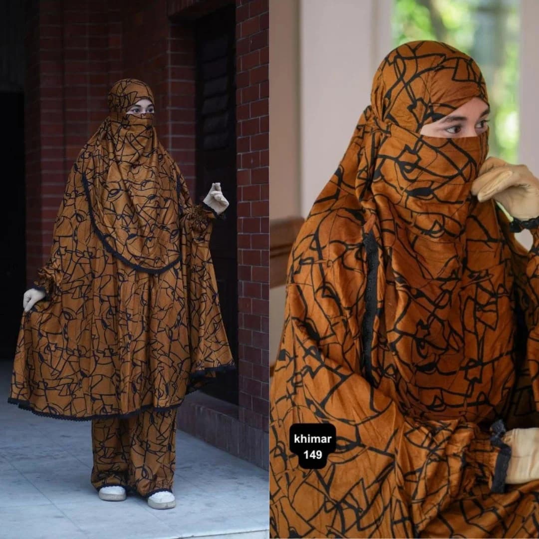 Plazu khimar in rust coffee brown abstract print with black pattern, full coverage modest wear for women
