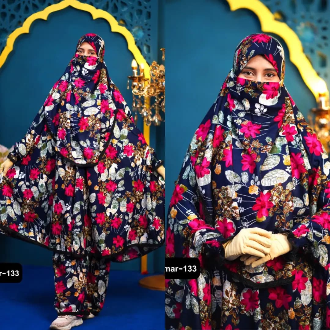 Plazu khimar in navy blue with pink blossom floral print, full coverage modest wear set for women