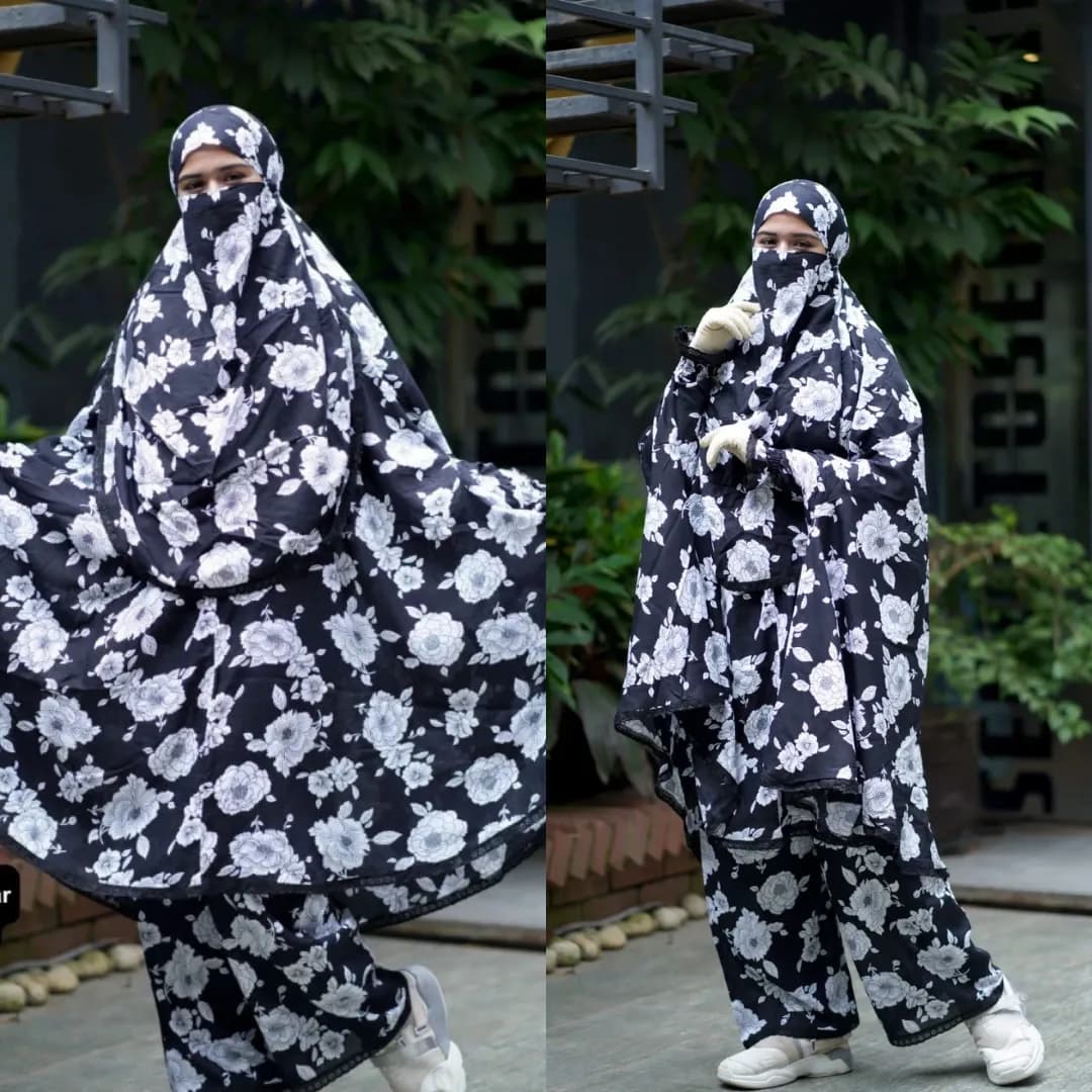 Plazu khimar in black with white rose floral print, elegant full coverage modest wear set for women