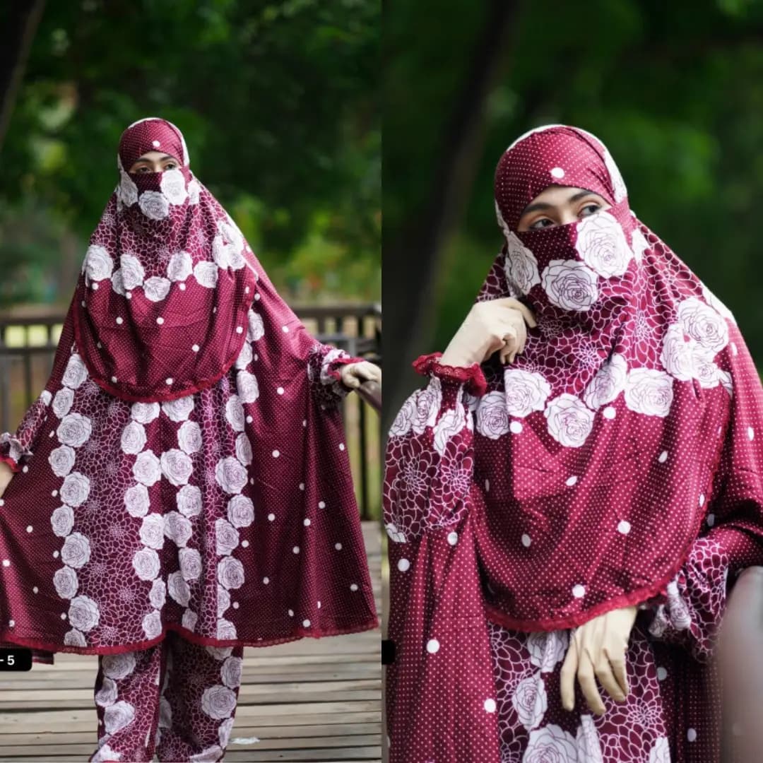 Plazu khimar in maroon with white rose and polka dot print, elegant full coverage modest wear set for women