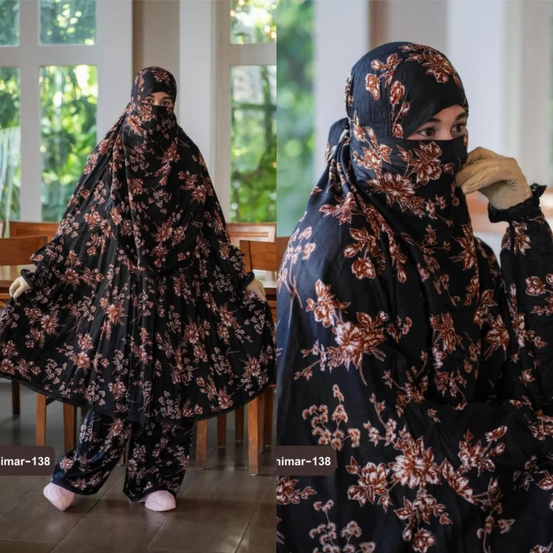 Plazu khimar in black with copper brown blossom floral print, elegant full coverage modest wear set for women