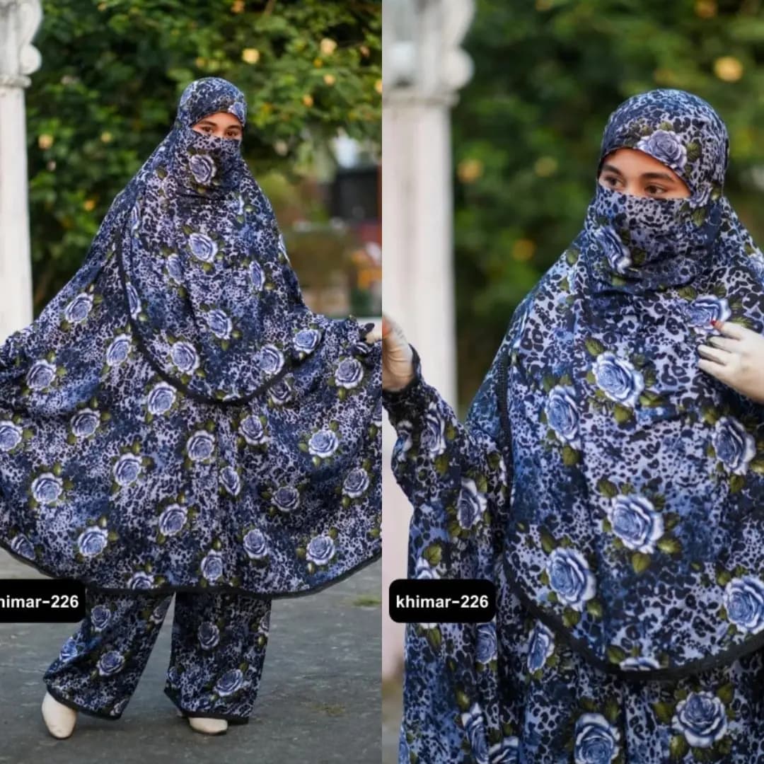 Plazu khimar in blue grey with rose floral pattern print, full coverage modest wear set for women