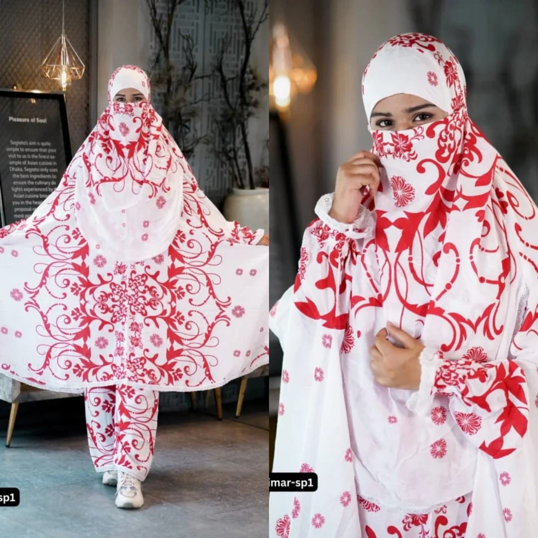 White and red ornamental print plazu khimar set for women, full coverage modest Islamic wear with elegant artistic design