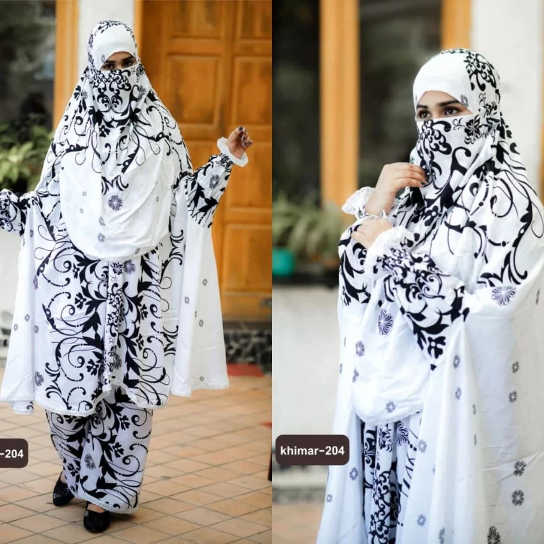 White and black royal abstract print plazu khimar set with elegant full-coverage design and matching palazzo pants.