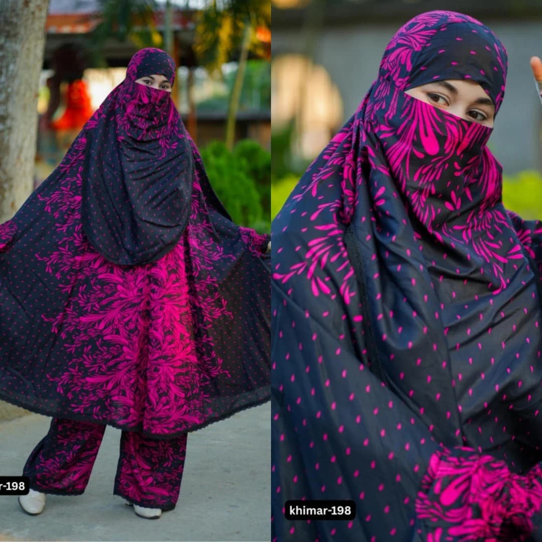 Black and hot pink floral dot print plazu khimar set with full coverage design and matching palazzo pants.
