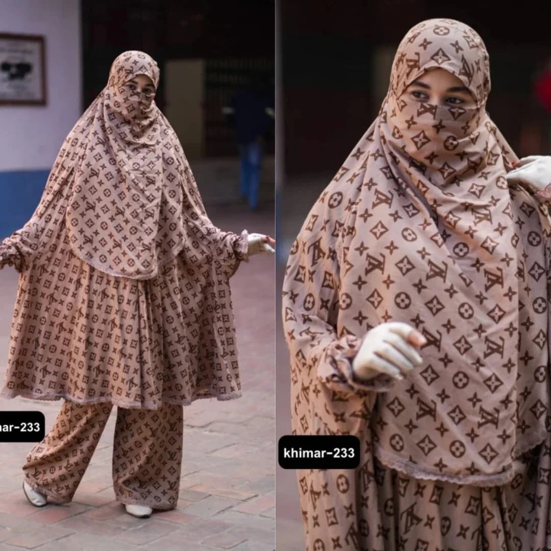 Beige and brown monogram print plazu khimar set with matching palazzo pants, modest full coverage Islamic wear for women.