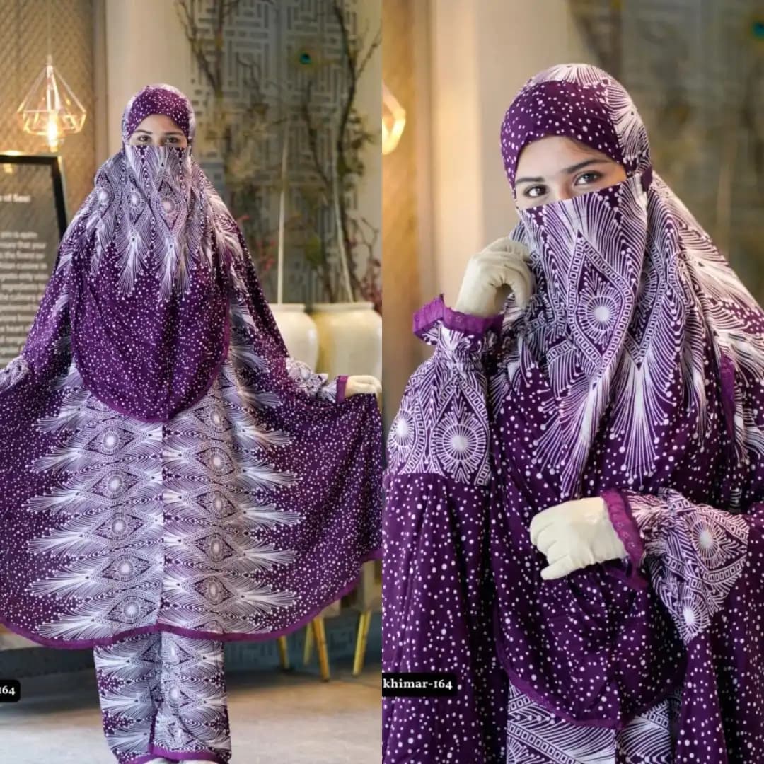 Royal purple geometric print plazu khimar set with matching palazzo pants, full coverage modest Islamic wear for women.