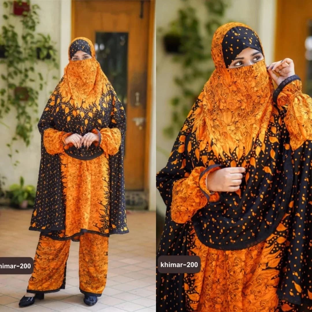 Black and orange printed khimar plazo set for women, modest Islamic wear with full coverage design