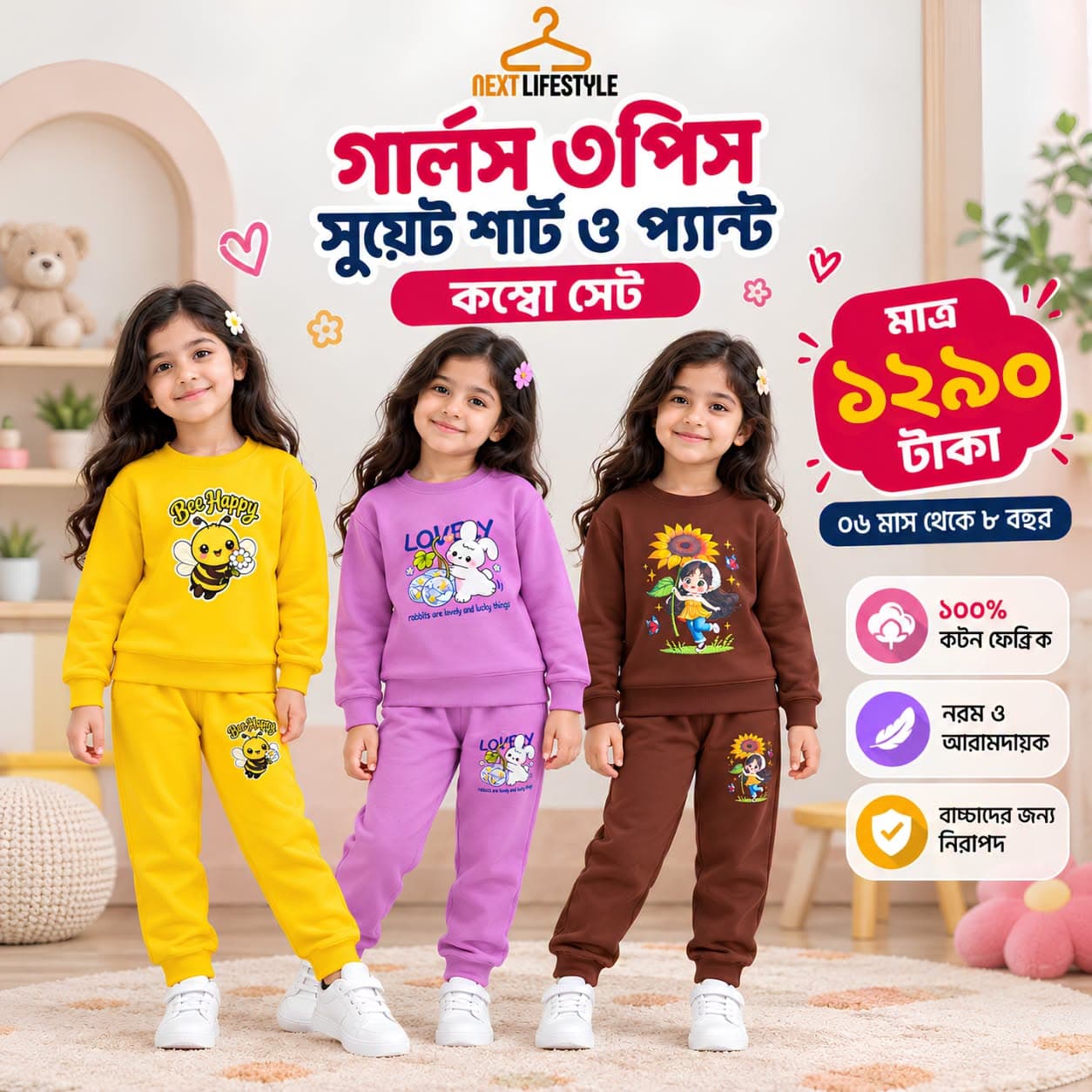গার্লস ৩পিস সুয়েট শার্ট ও প্যান্ট কম্বো সেট (১২৯০ টাকা) - WS
