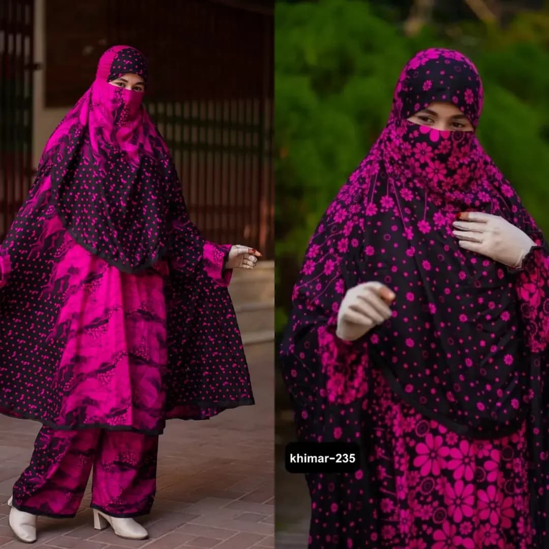 Plazu khimar in fuchsia pink and black print, stylish and comfortable modest wear for women