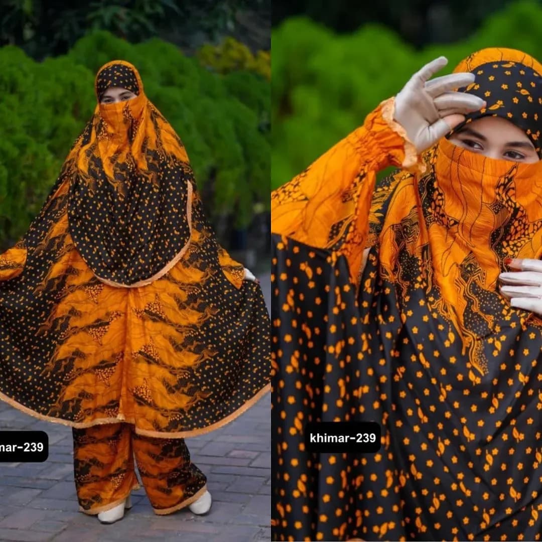 Plazu khimar in mustard orange and black print, stylish and comfortable modest wear for women