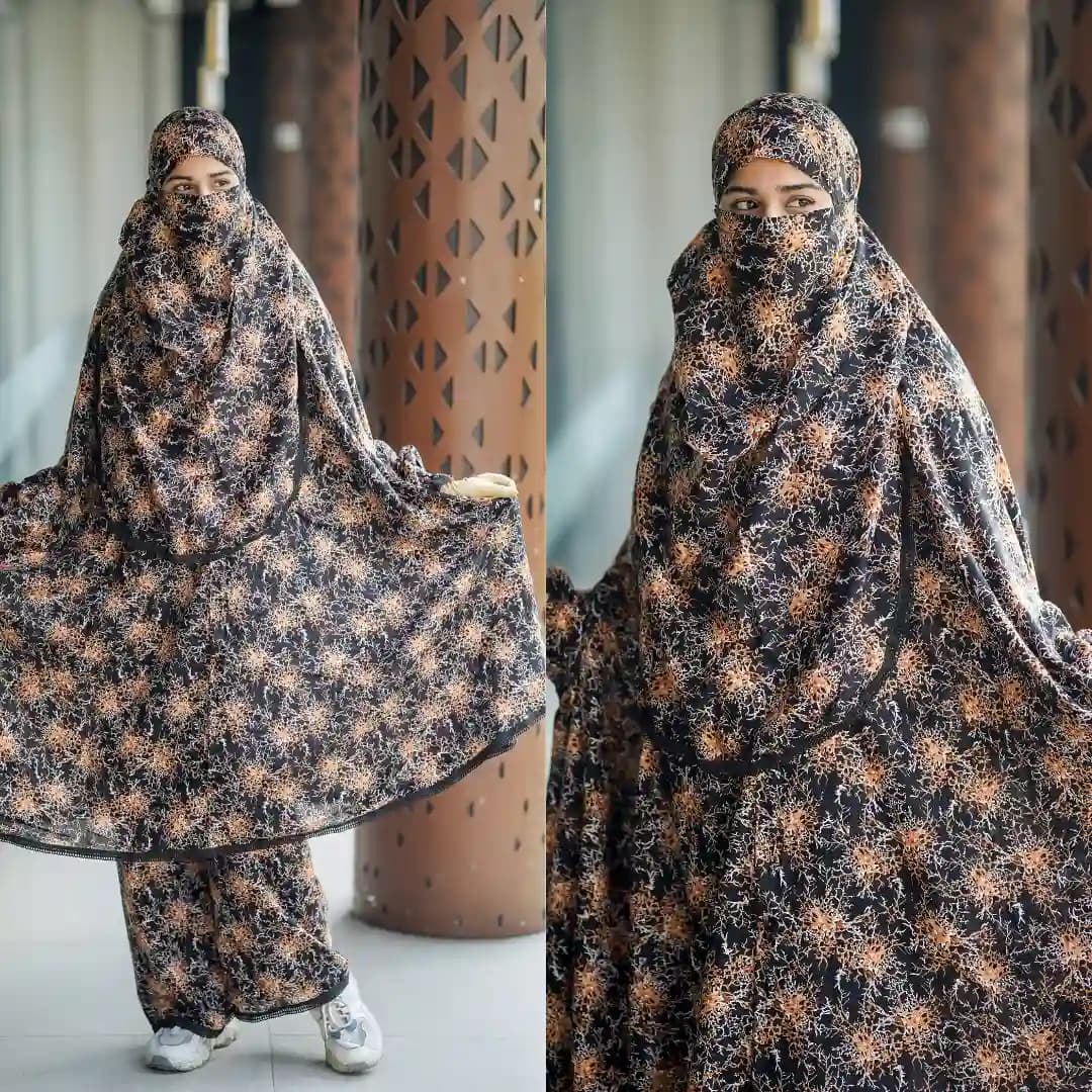 Coffee brown and black printed khimar plazo set for women, full coverage modest Islamic outfit Bangladesh